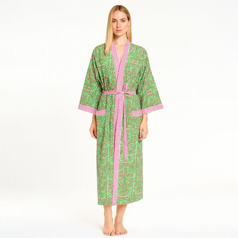 Floral & Stripe Kimono Robe Green