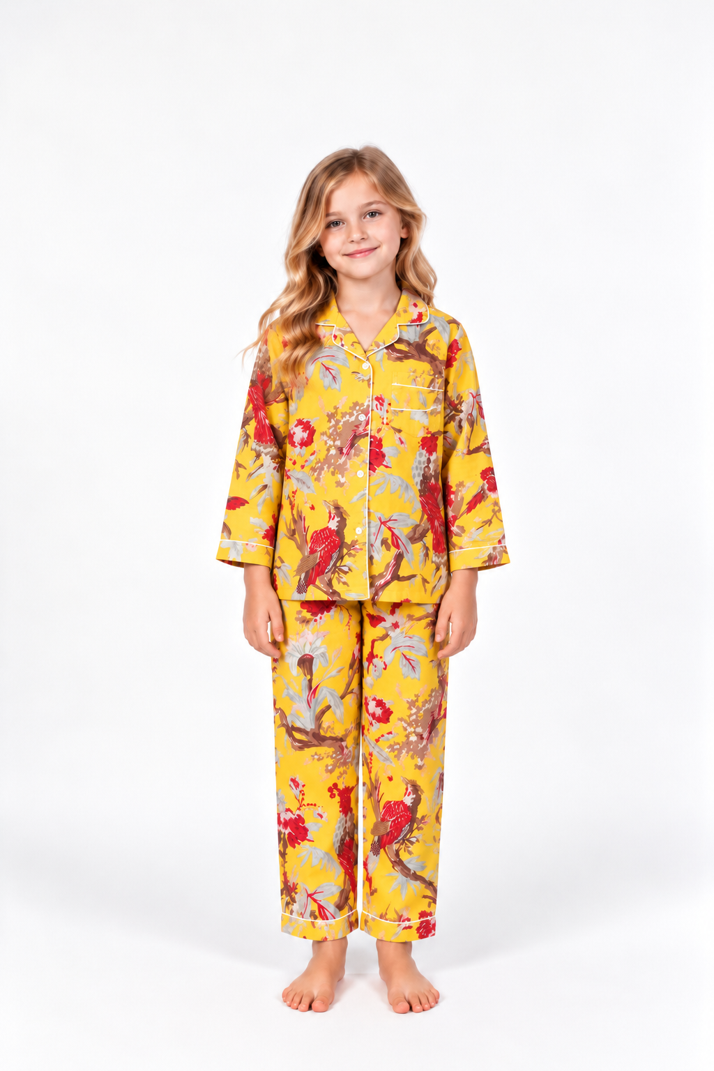 Yellow Bird Pattern Cotton Pajama Set