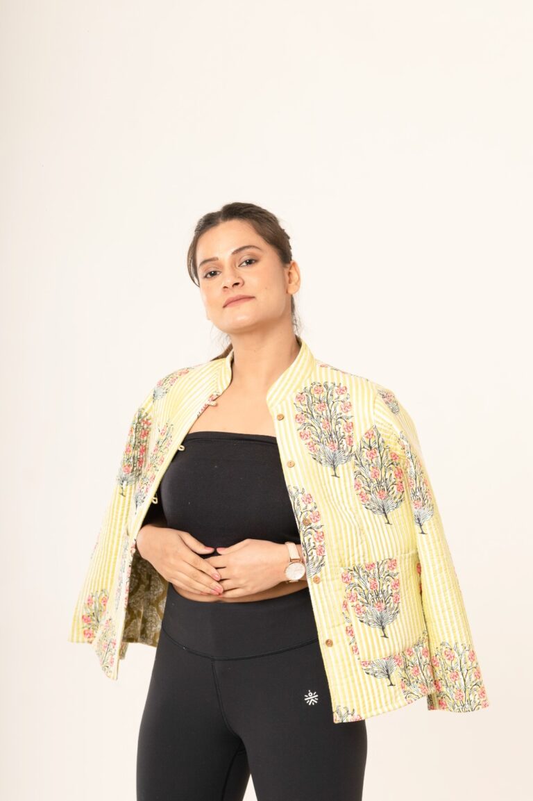 Reversible Quilted Jacket  Yellow Stripe with Tree Motifs