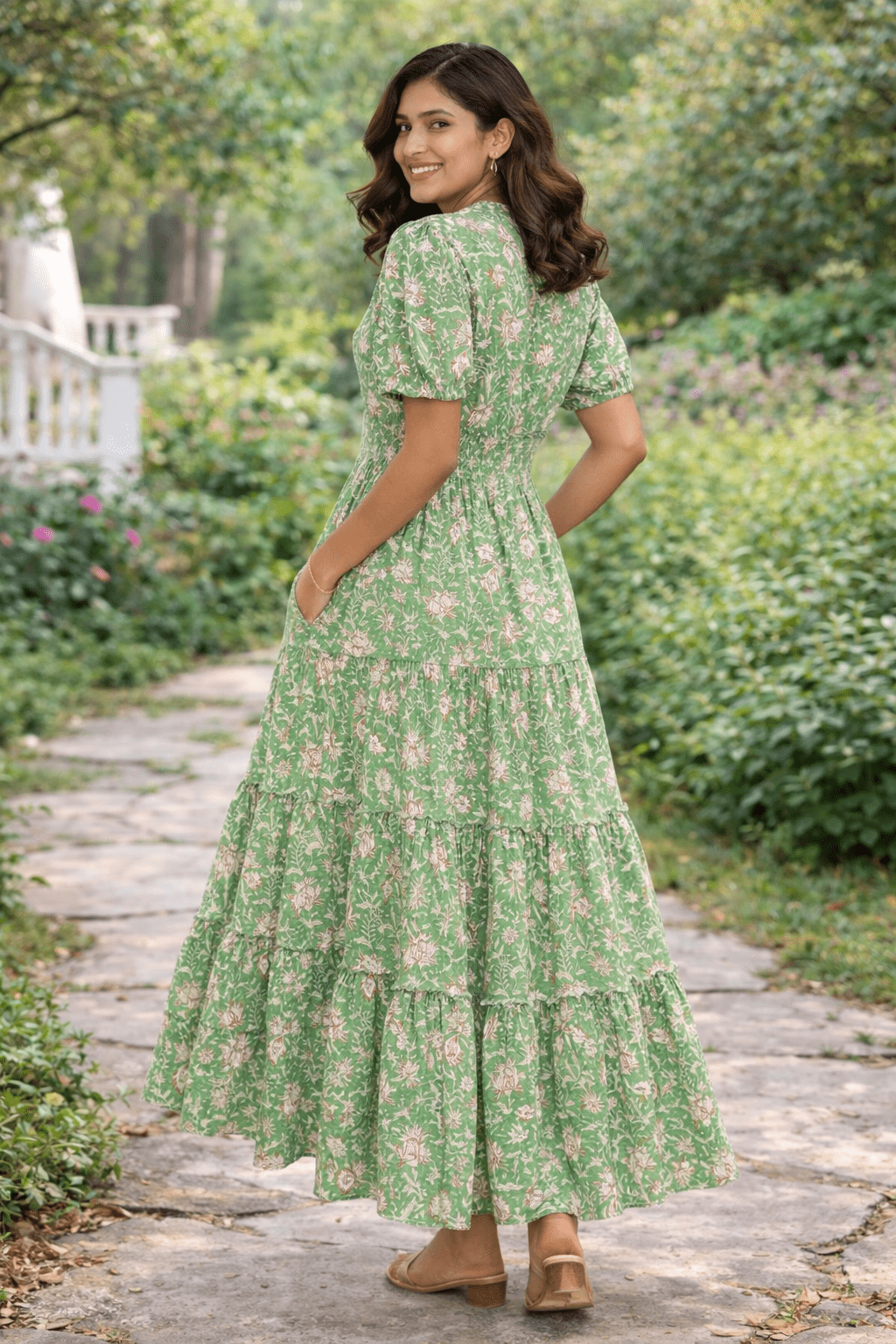 Green Vine Floral Long Cotton Dress - Image 2