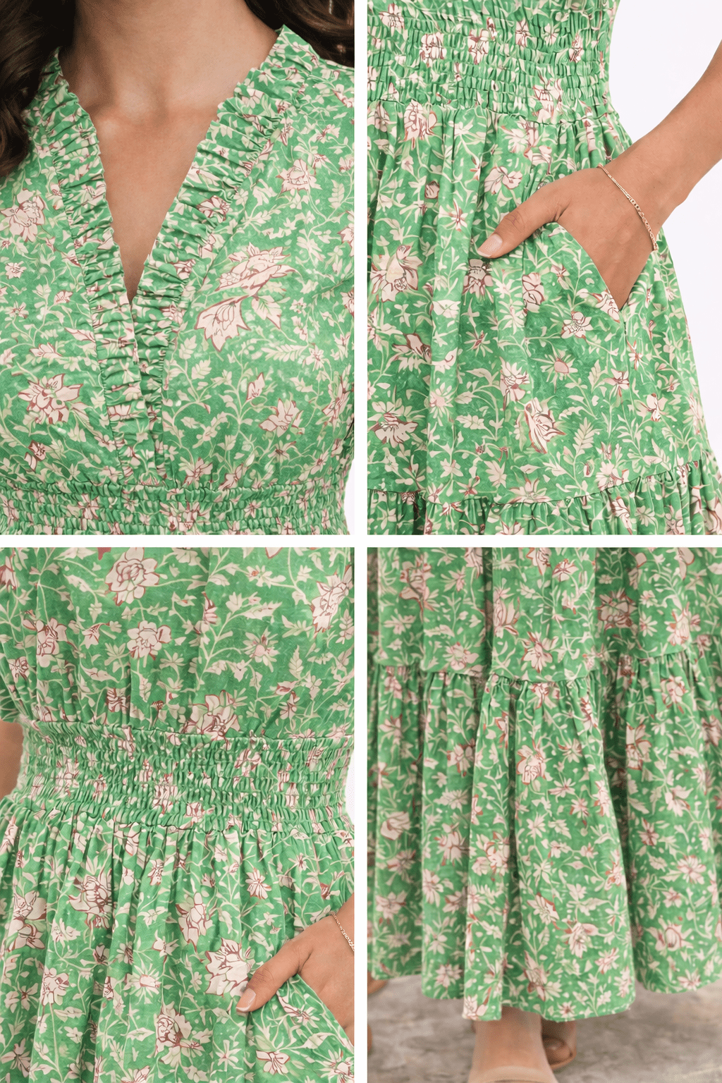 Green Vine Floral Long Cotton Dress - Image 3