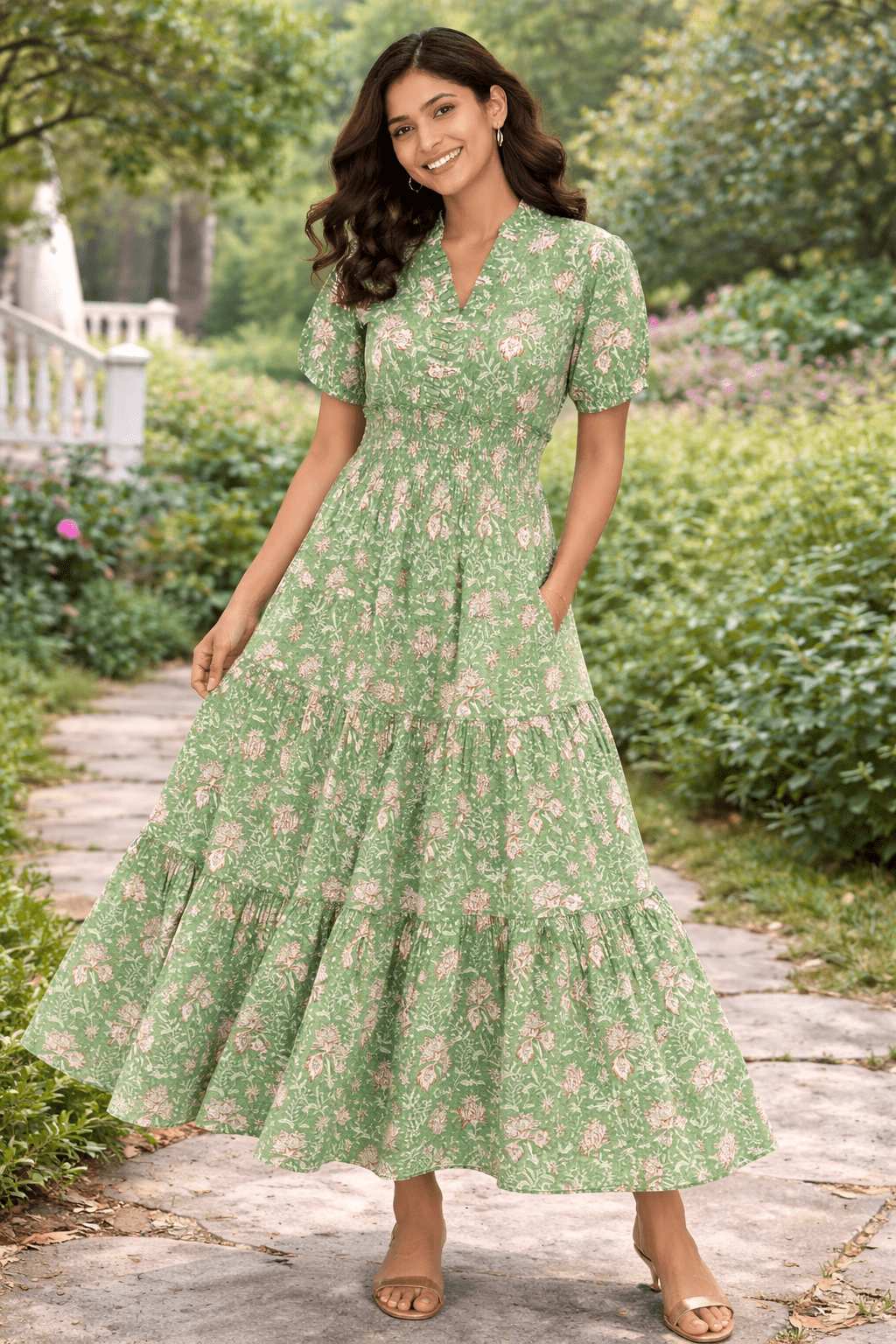 Green Vine Floral Long Cotton Dress
