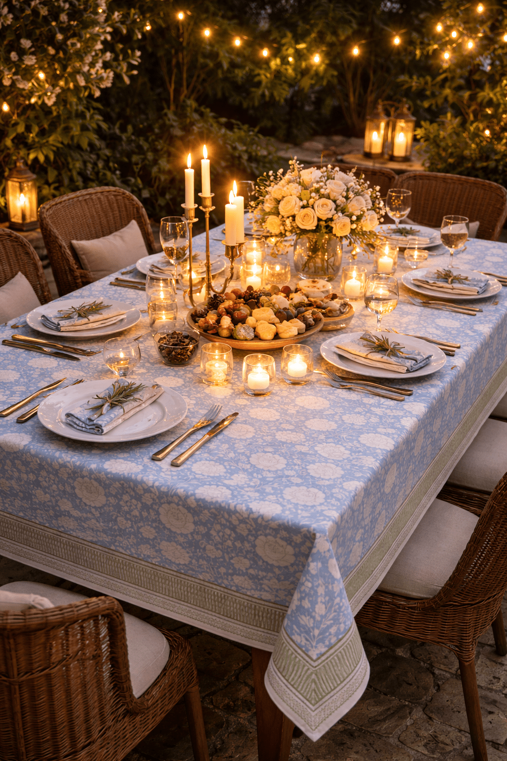 Sky Blue Floral Cotton Tablecloth