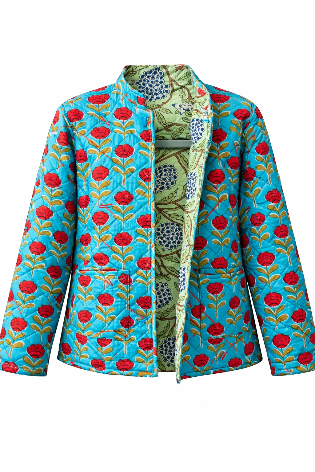 Reversible Cotton Quilted Jacket | Green Vine & Red Floral - Image 2