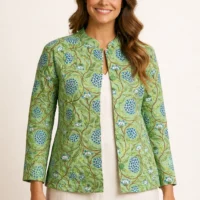 Reversible Cotton Quilted Jacket | Green Vine & Red Floral