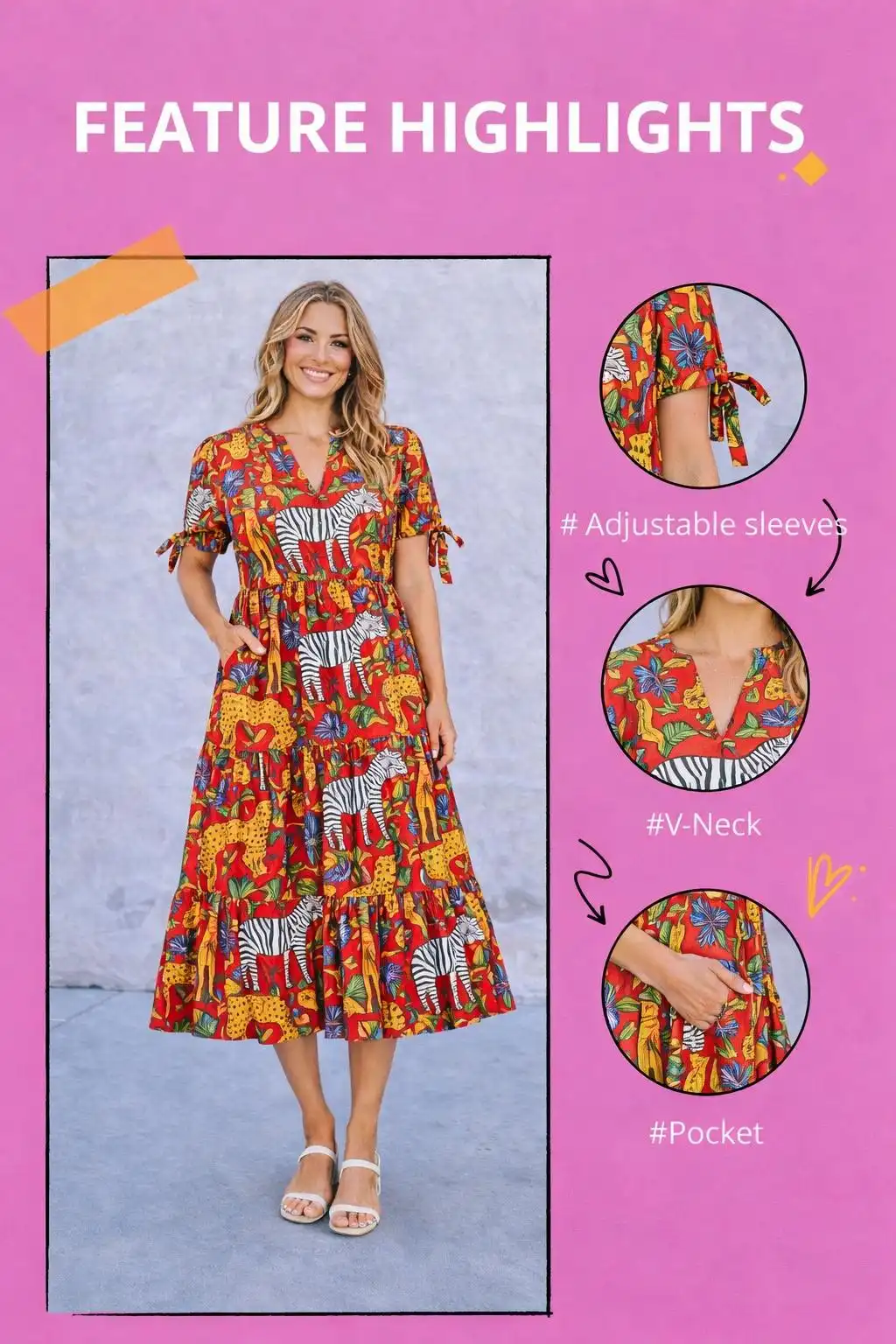 Red Safari Cotton Midi Dress - Image 2