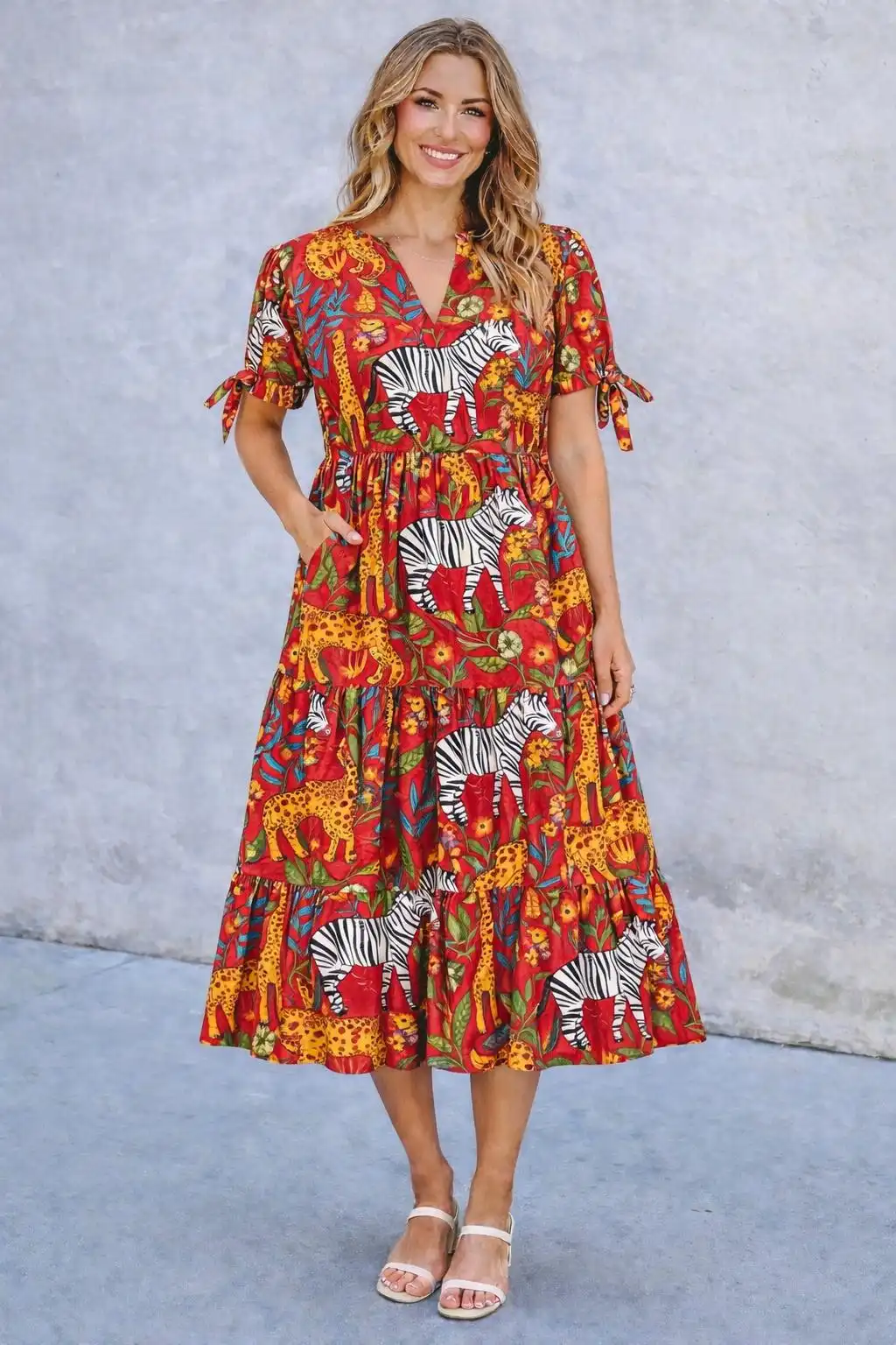 Red Safari Cotton Midi Dress
