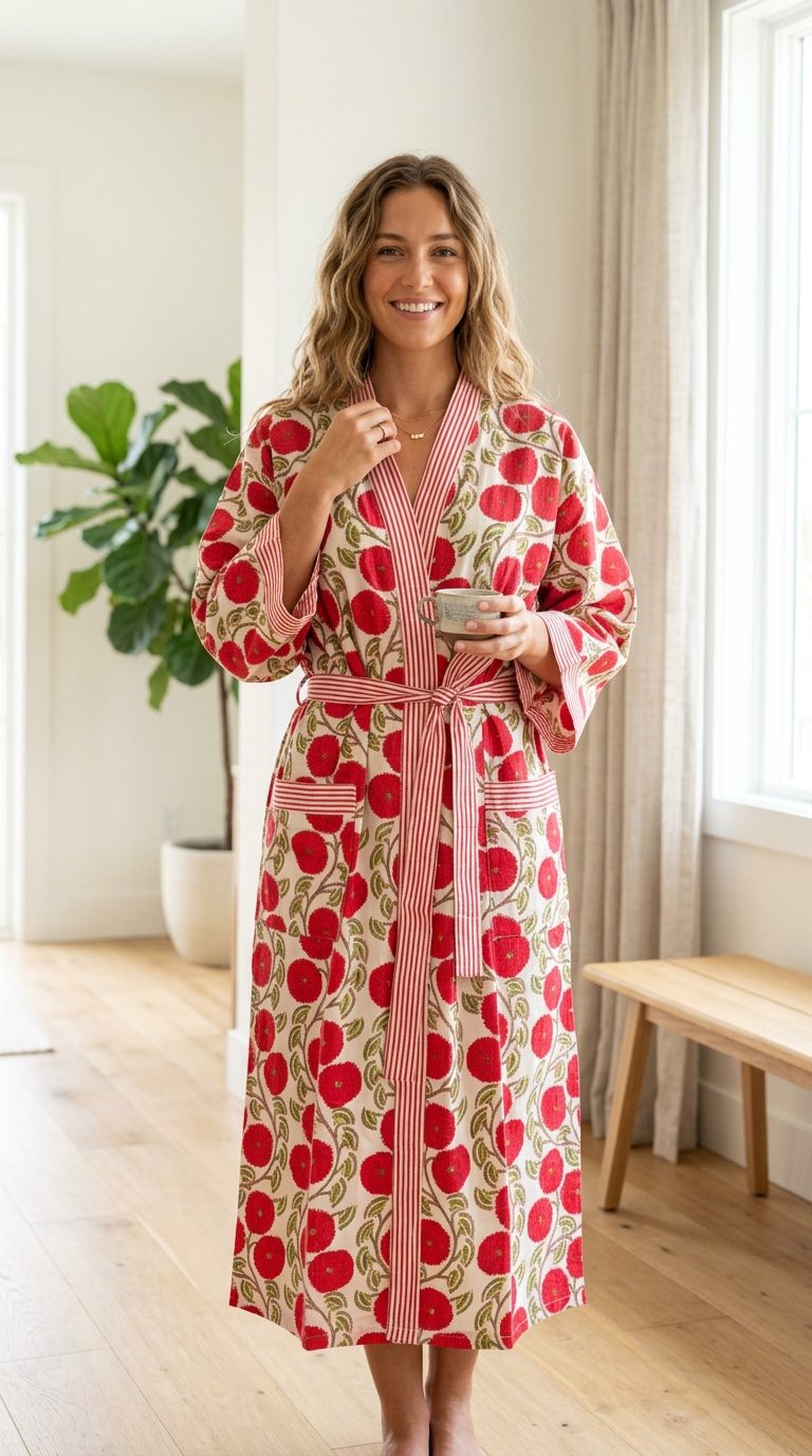 Red Poppy Bloom Cotton Robe - Image 2