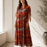 Red Safari Cotton Long Dress