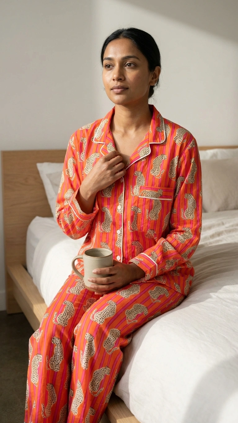 Small Leopard Orange Pajama Set, orange small-leopard print