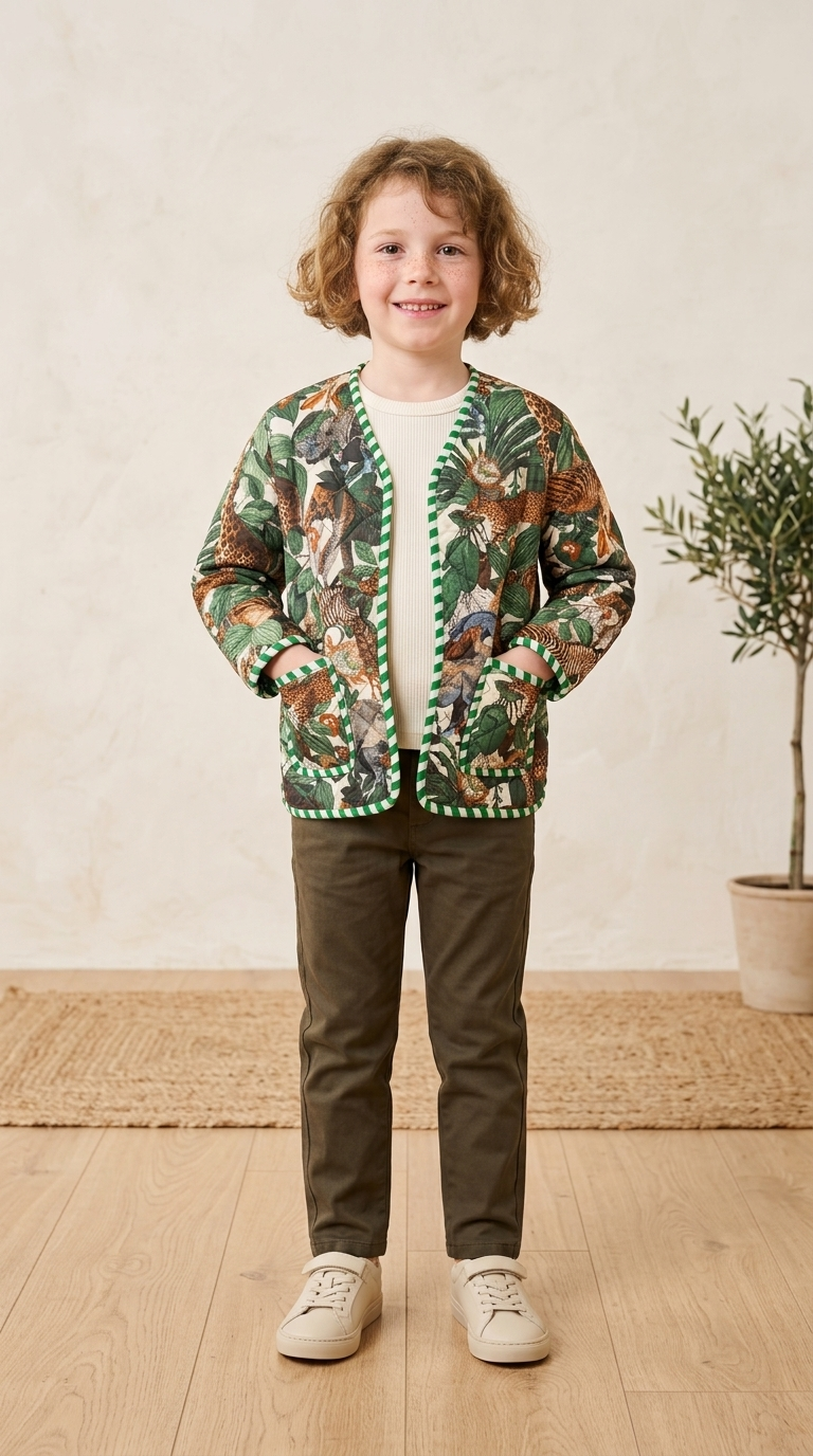 Kids Reversible Quilted Jacket – Jungle Safari Print | 100% Cotton