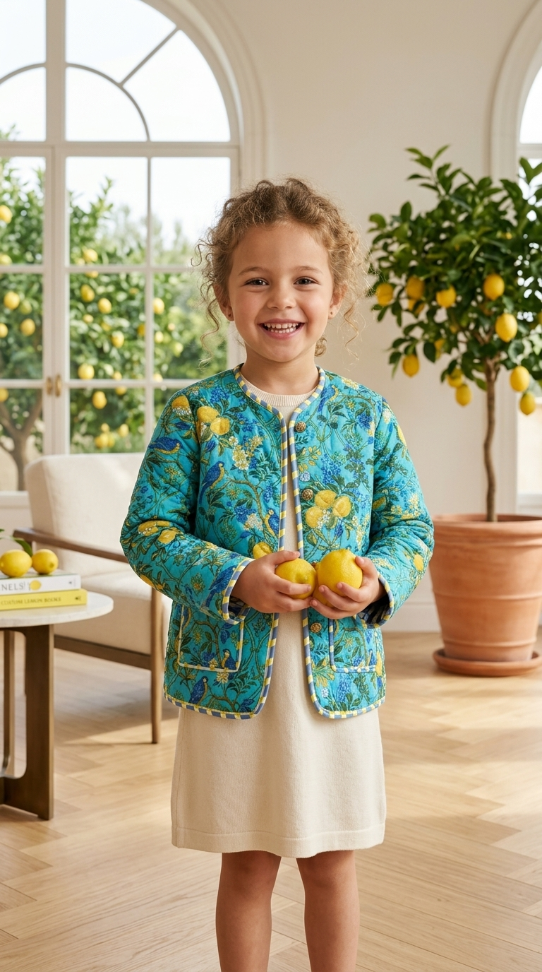 Kids Reversible Quilted Jacket – Lemon Grove Print | 100% Cotton