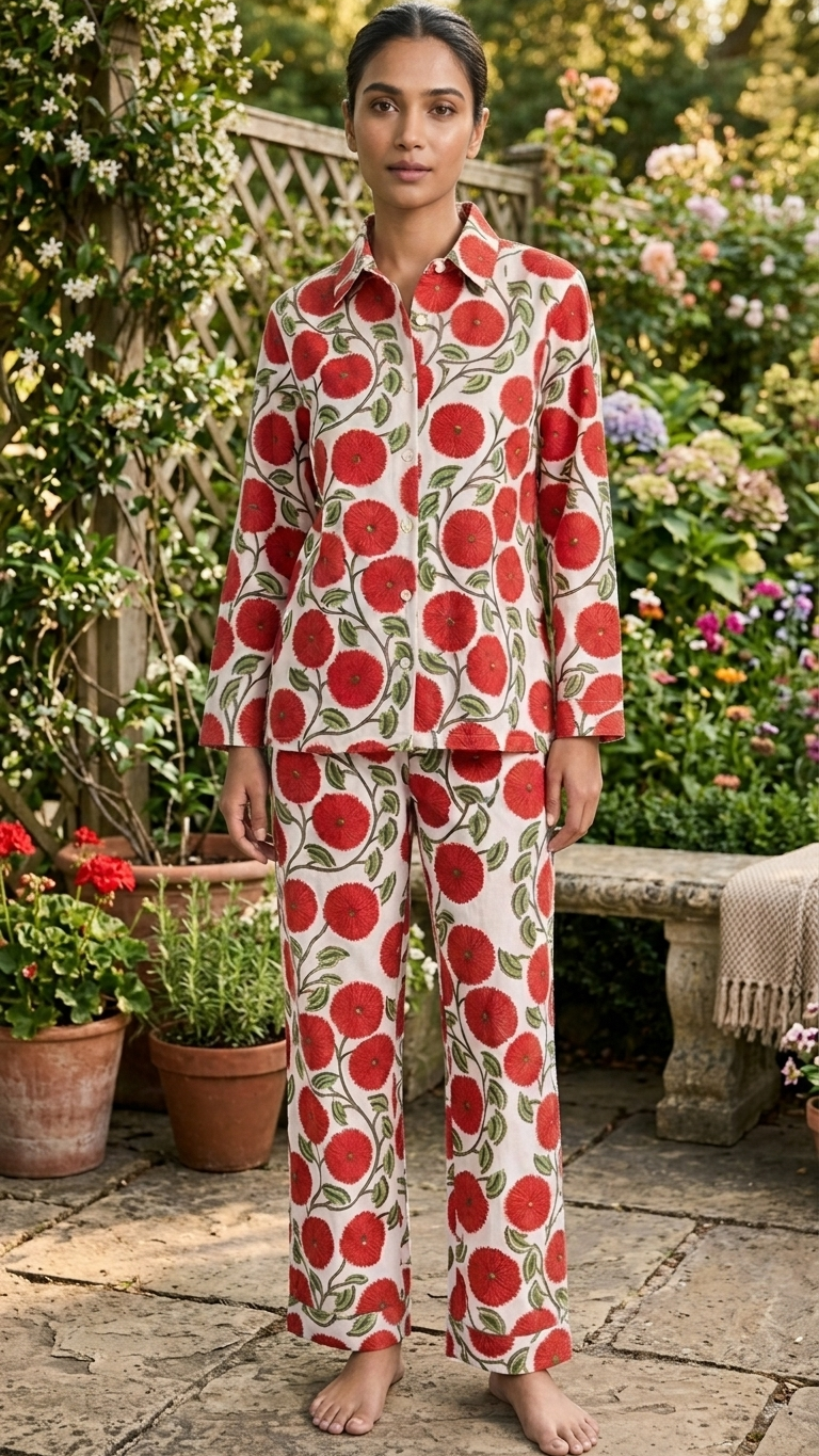 Red Bloom Cotton Pajama Set