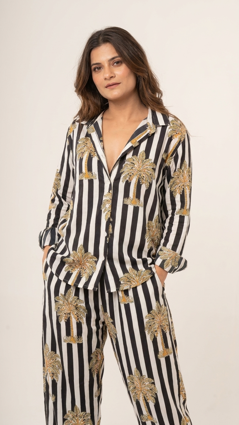 Palm Stripe Cotton Pajama Set