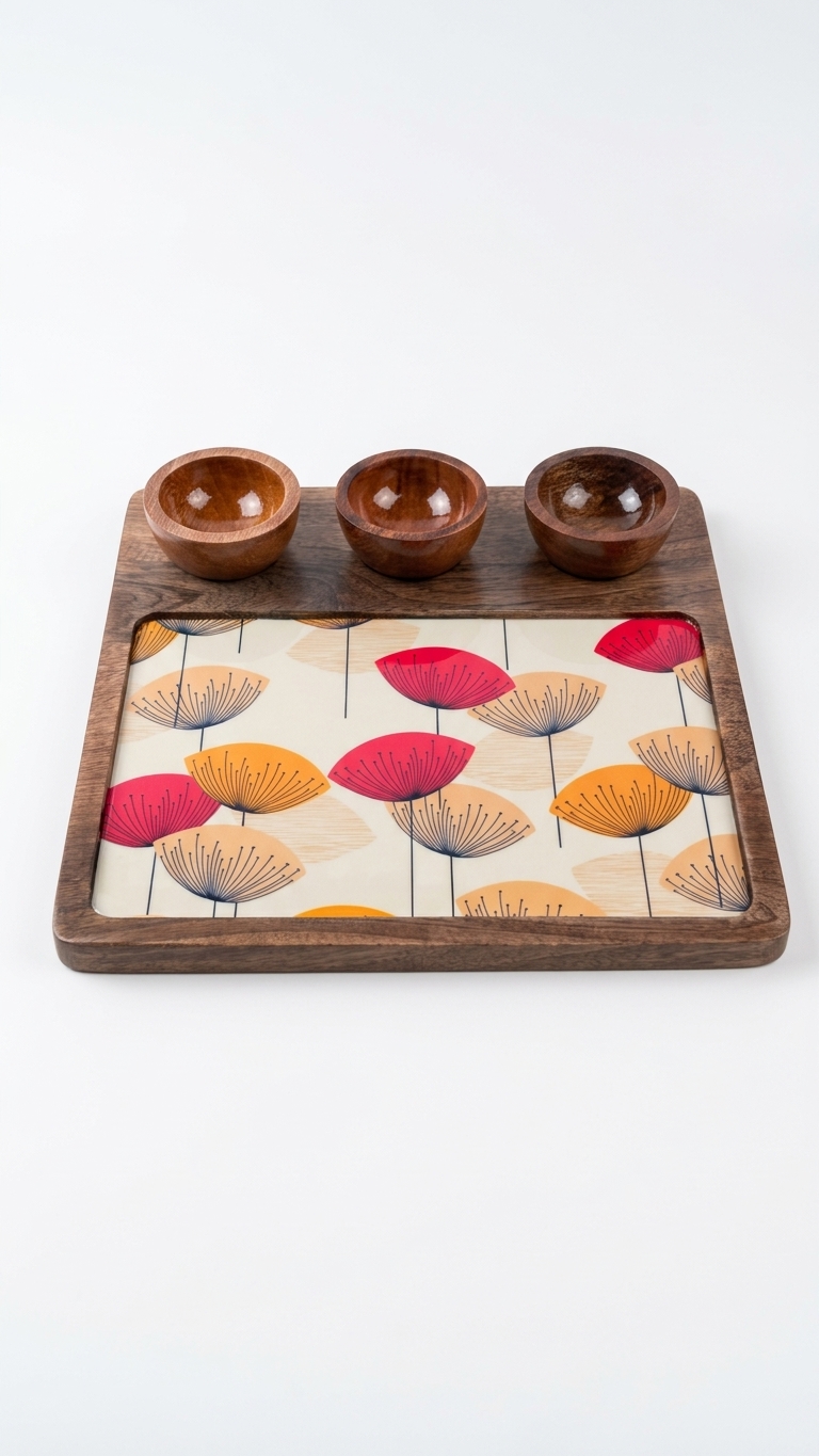 Enamel Mango Wood Serving Board with 3 Bowls (Coming Soon) - Image 2