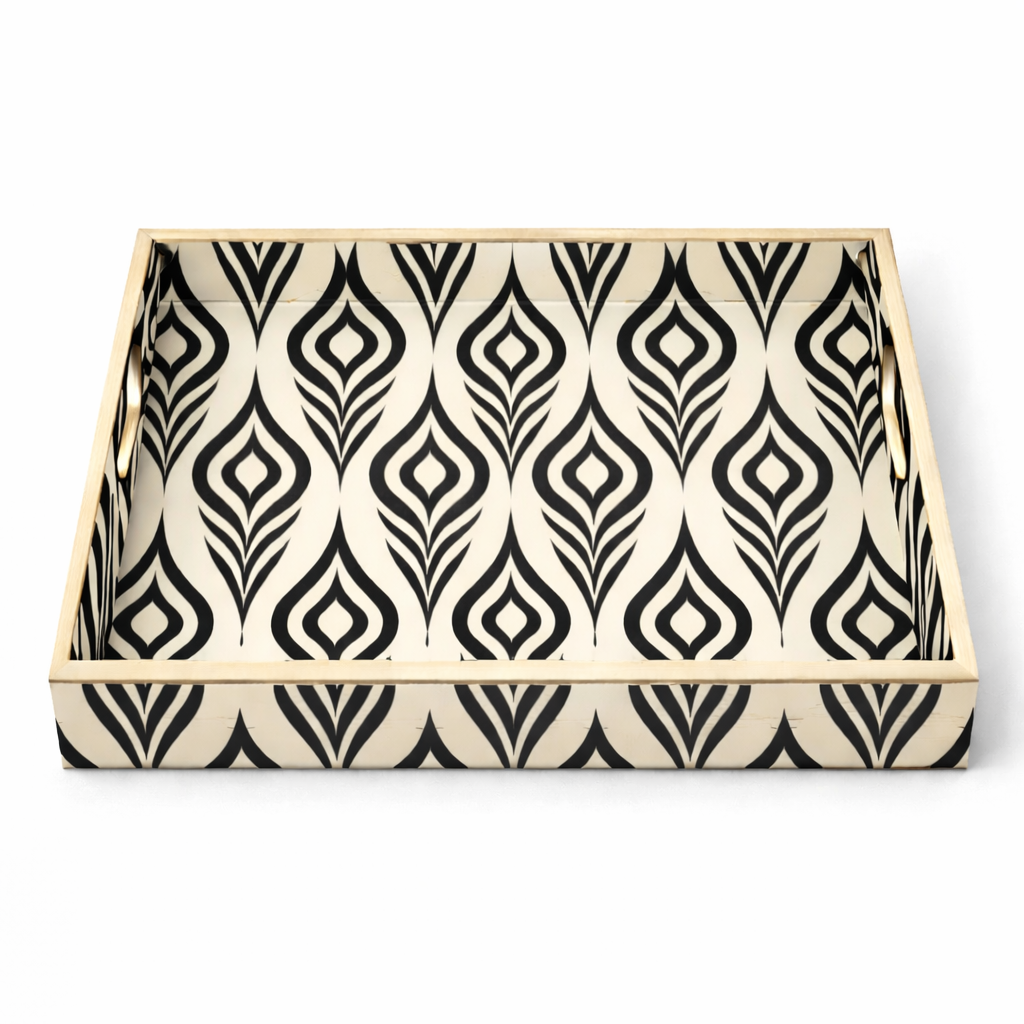 Black & Ivory Geometric Handcrafted Serving Tray – Set of 2