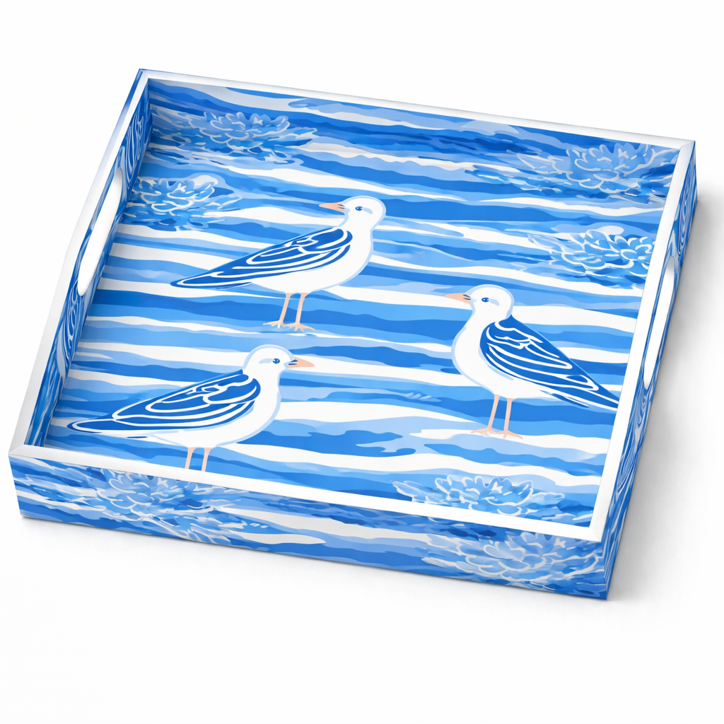 Blue Seaside Seagull Handcrafted Serving Tray – Set of 2