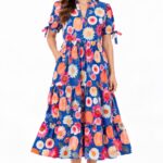 Blue floral print midi dress — front and back view