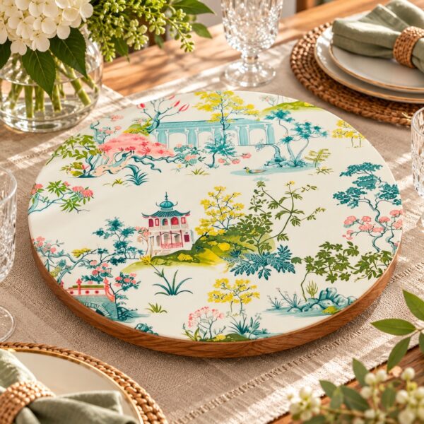 Heritage Garden Rotating Serving Board, handcrafted pagoda print