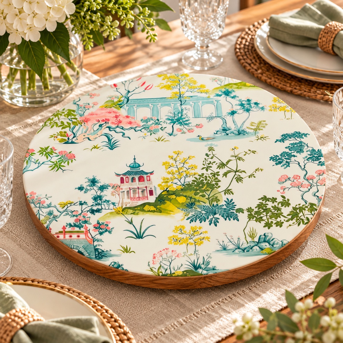 Heritage Garden Rotating Serving Board, handcrafted pagoda print