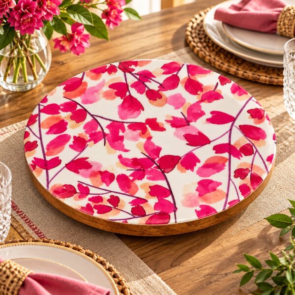 Pink Leaf Rotating Serving Board, handcrafted pink leaf design