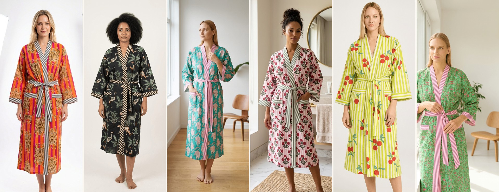 NNEEL'S cotton kimono robes in floral, tiger and jungle prints